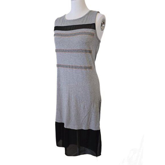 Tricotto Sleeveless Midi Dress Rhinestone Zipper Mesh Edgy Grey Black Size L - Picture 2 of 10